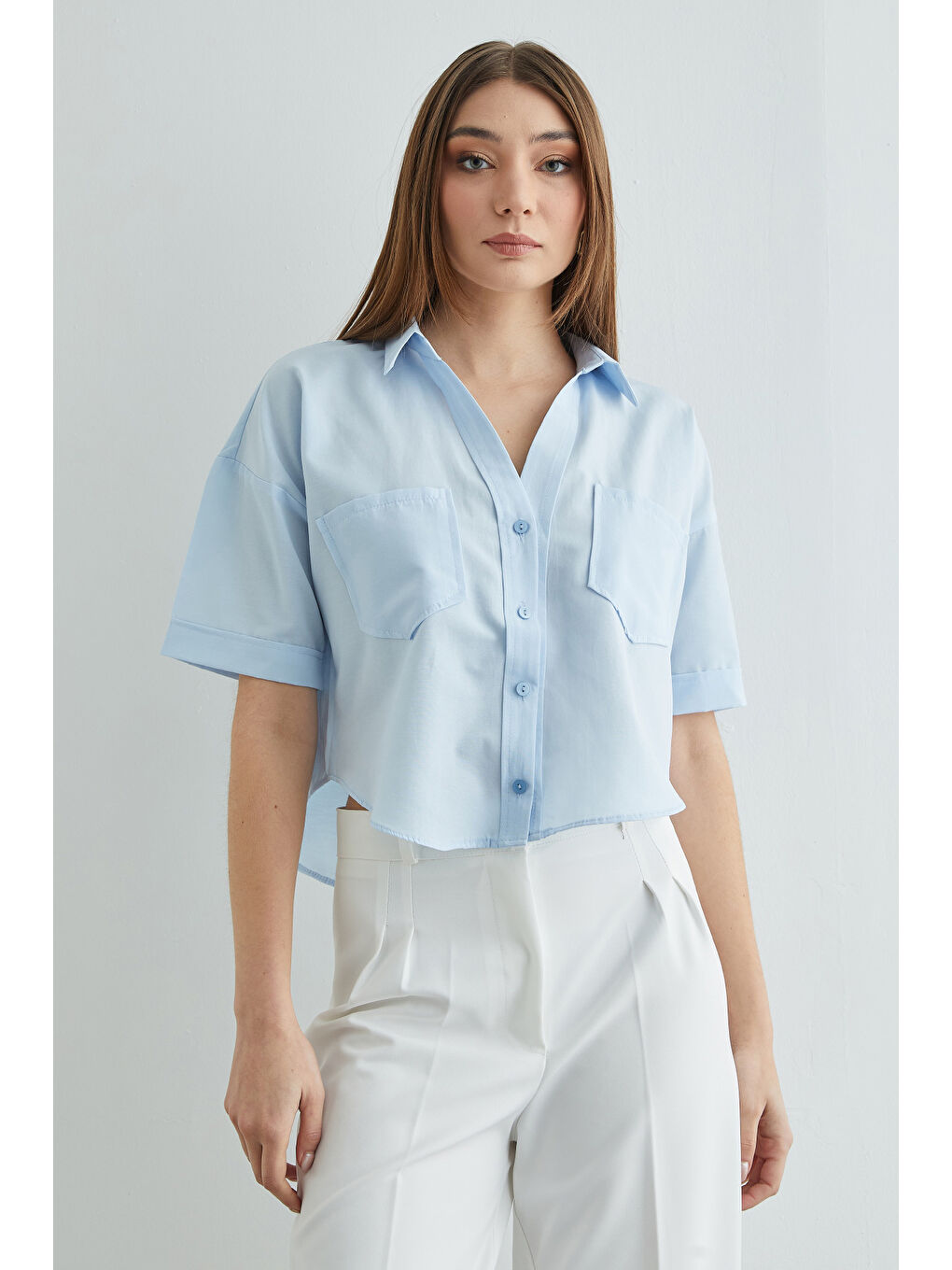 Mavi Çift Cepli Oversize Crop Gömlek-1