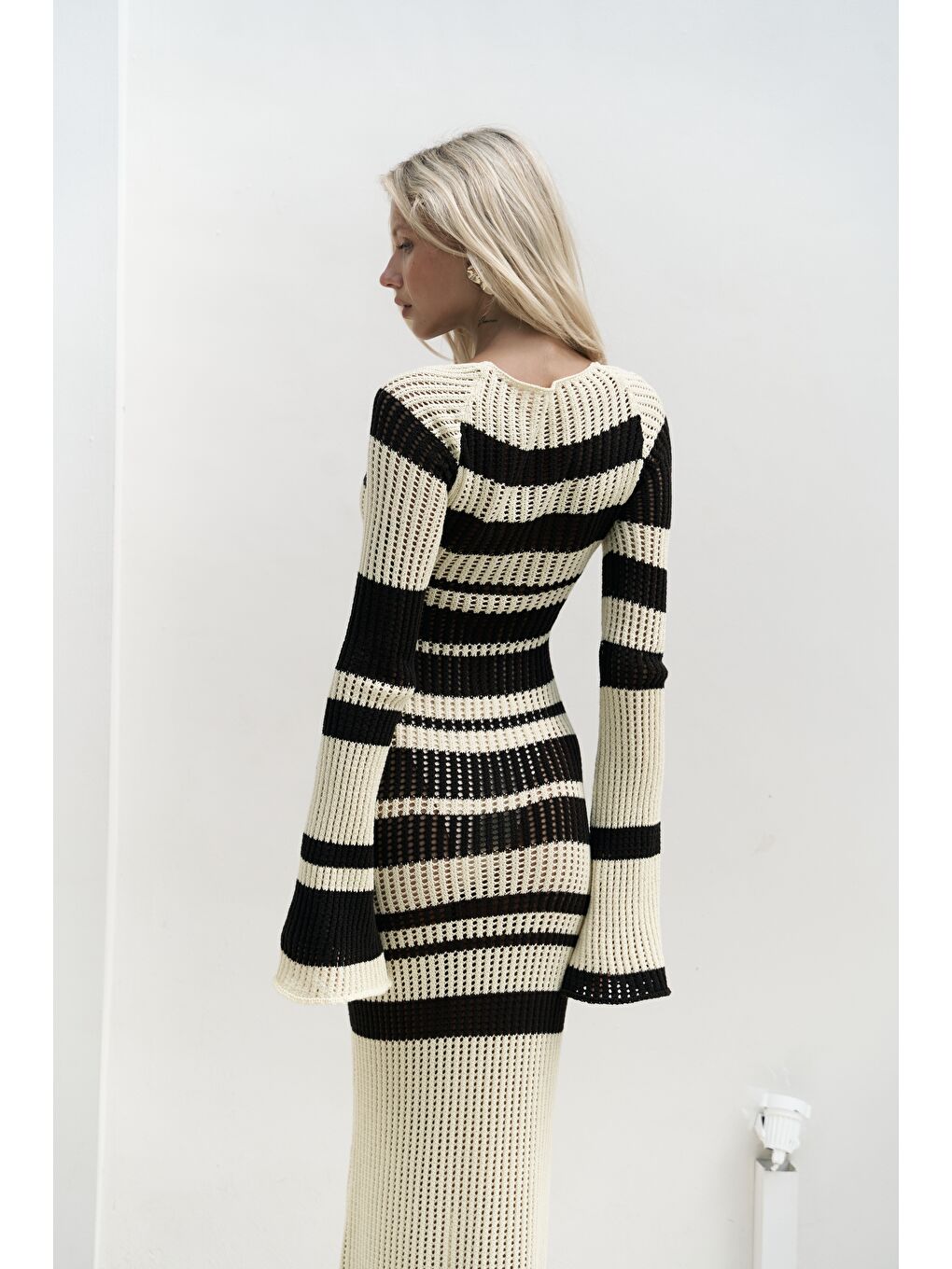 Wora Çizgili Triko Sarı Uzun Elbise-3