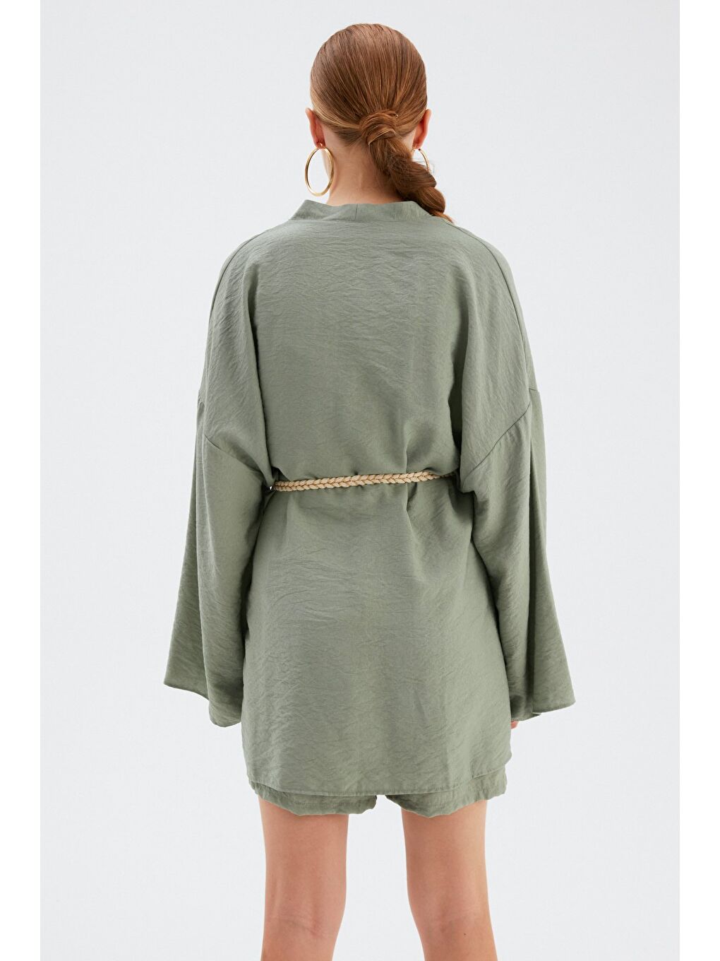 Kuşak Detaylı Salaş Kimono - Yeşil-6