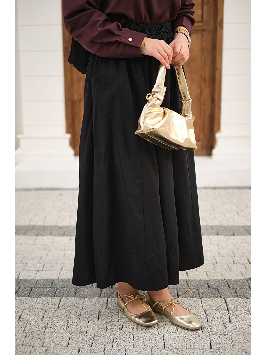 Kadın Beli Lastikli Kırışık Etek Siyah-2