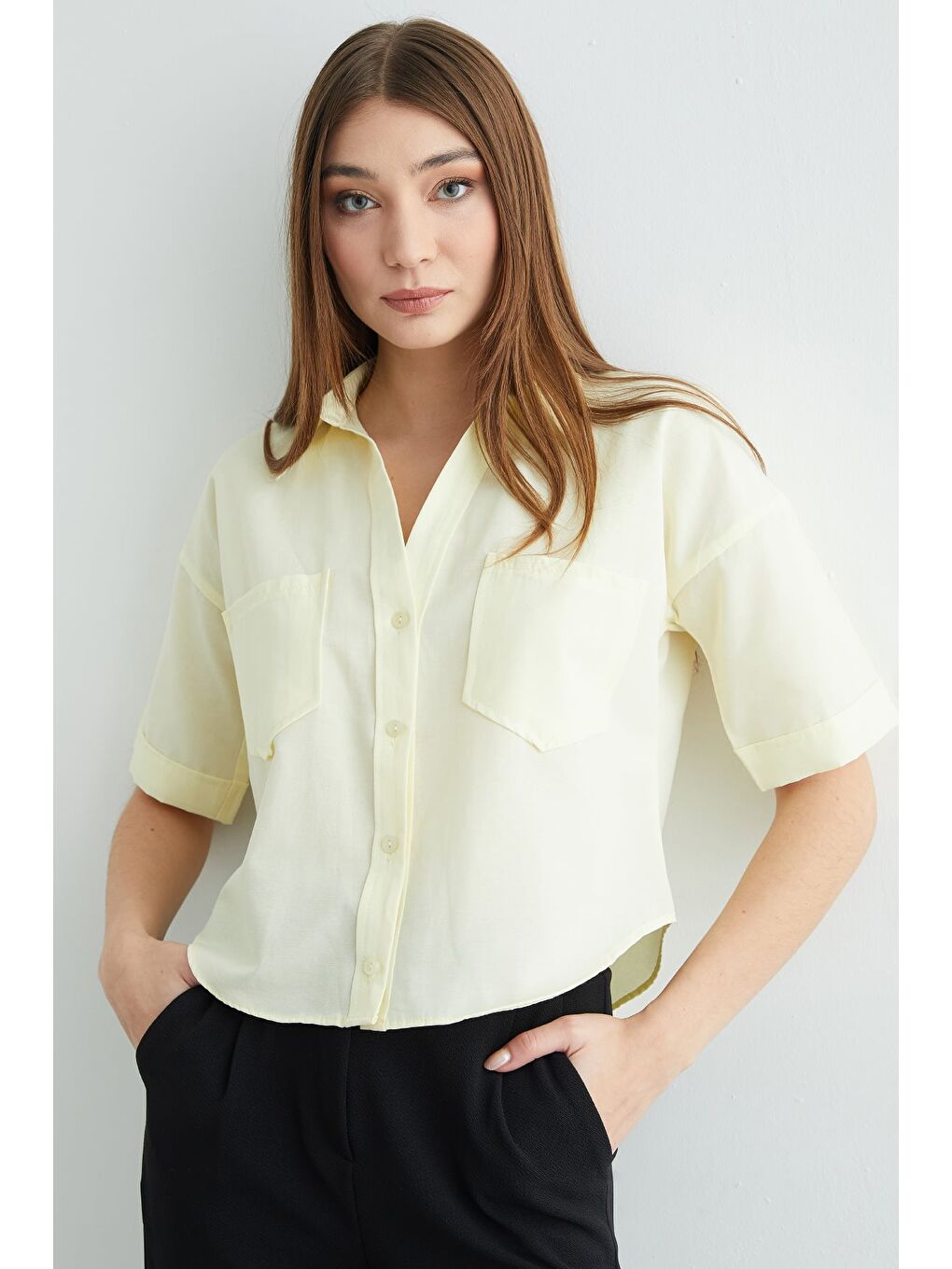 Sarı Çift Cepli Oversize Crop Gömlek
