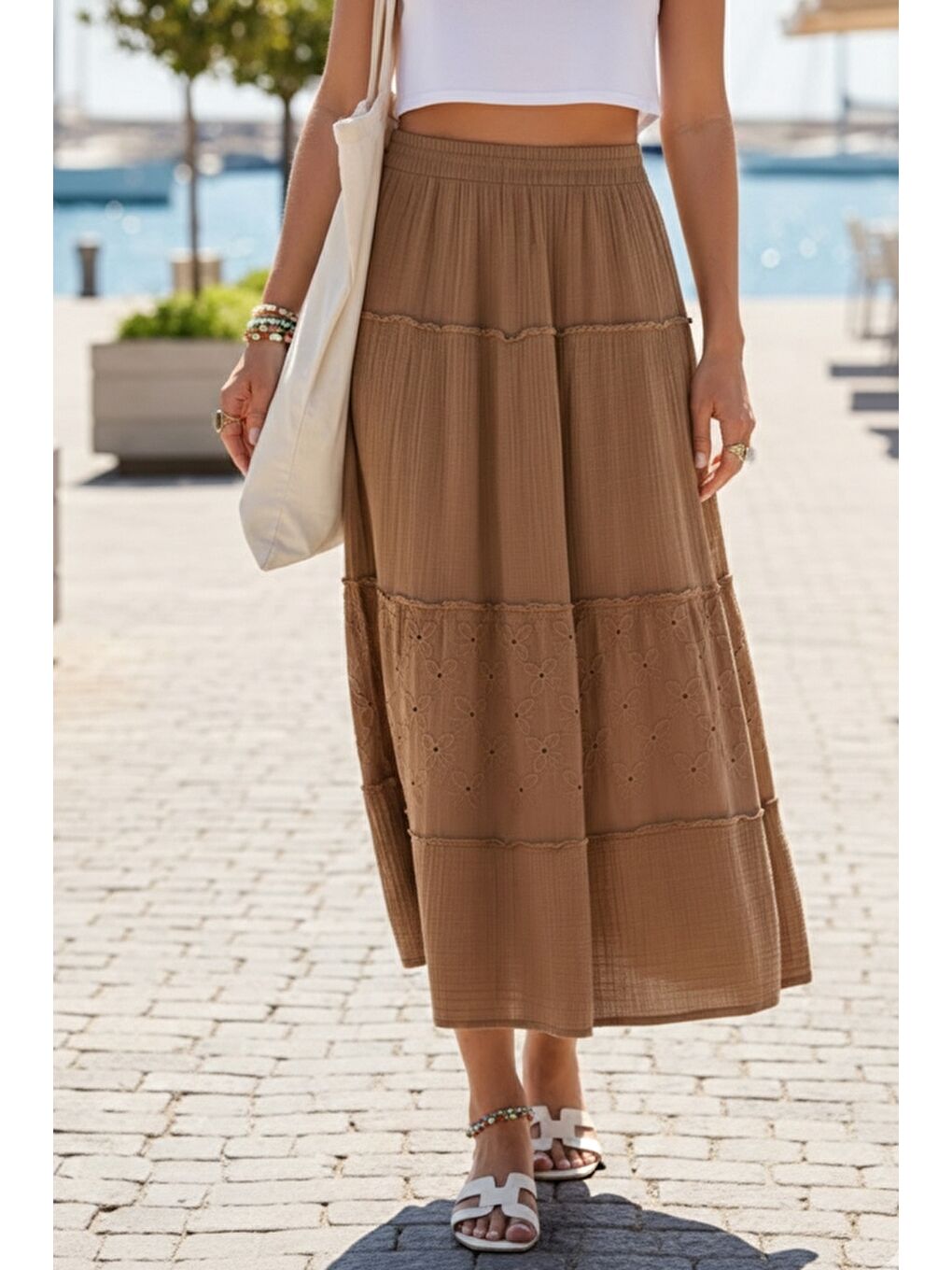 Kahverengi Camel Eteği Fırfırlı Brodeli Lastikli Bel Casual Müslin Uzun Dokuma Etek 92 65