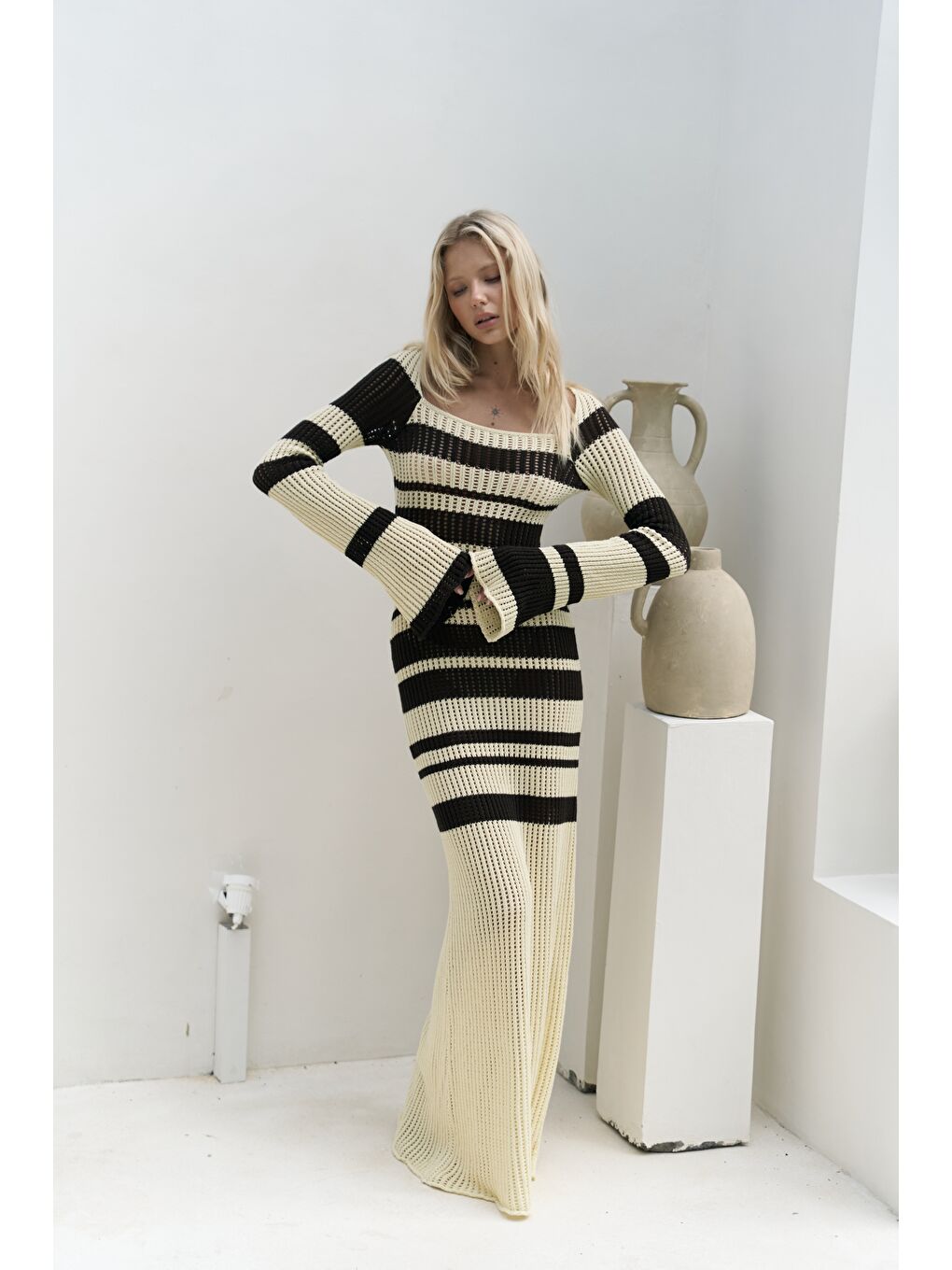 Wora Çizgili Triko Sarı Uzun Elbise-4