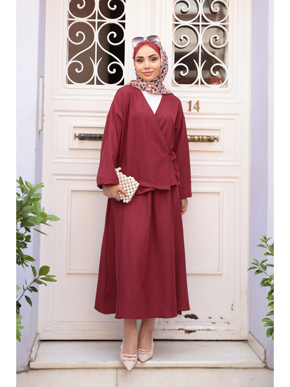 Kadın Yandan Bağlamalı Etekli Takım Bordo-2