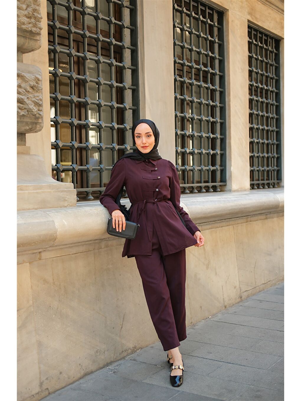 Kadın Düğme Detay Takım Mürdüm-2