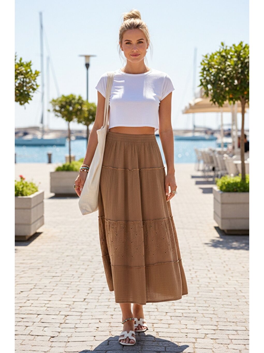 Kahverengi Camel Eteği Fırfırlı Brodeli Lastikli Bel Casual Müslin Uzun Dokuma Etek 92 65-1