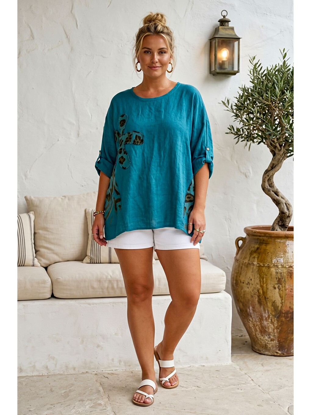 İtalyan Petrol Mavisi Havuz Yaka 3/4 Kol Yıkamalı Aplikeli 100% Keten Oversize Dokuma Bluz 80 74-4
