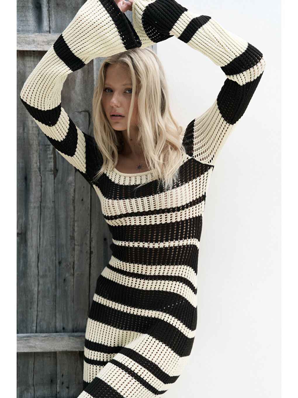 Wora Çizgili Triko Sarı Uzun Elbise-5