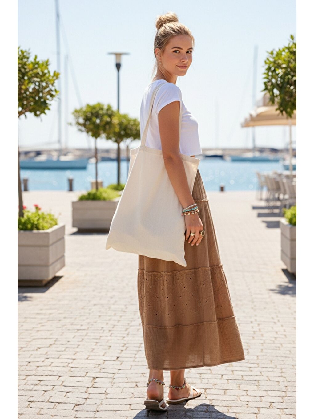 Kahverengi Camel Eteği Fırfırlı Brodeli Lastikli Bel Casual Müslin Uzun Dokuma Etek 92 65-2