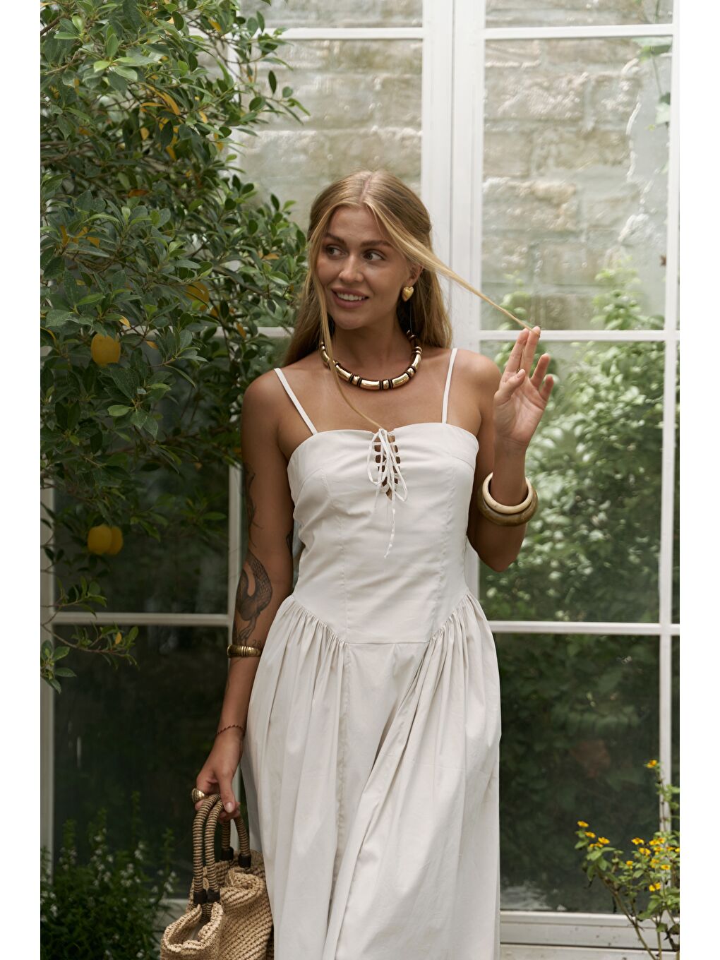 Narissa Askılı Midi Ekru Elbise-1