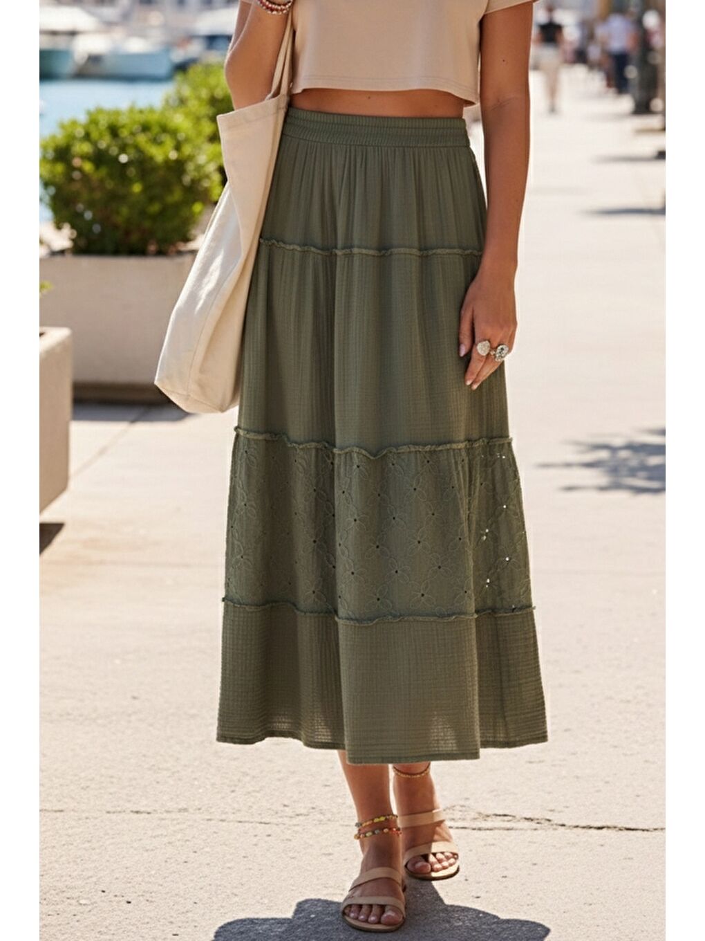 Haki Eteği Fırfırlı Brodeli Lastikli Bel Casual Müslin Uzun Dokuma Etek 92 65