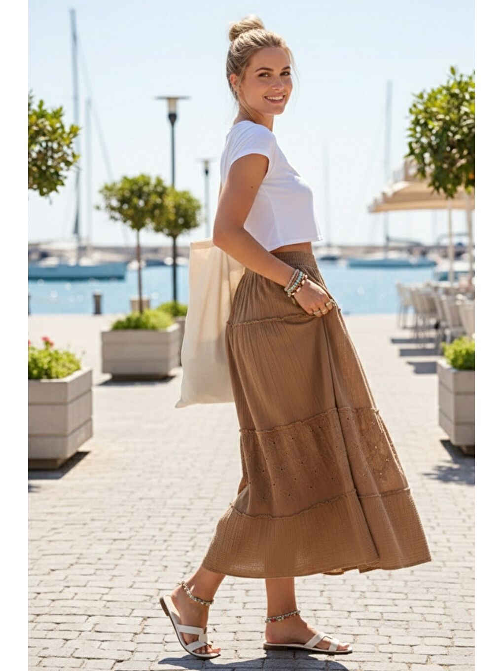 Kahverengi Camel Eteği Fırfırlı Brodeli Lastikli Bel Casual Müslin Uzun Dokuma Etek 92 65-3