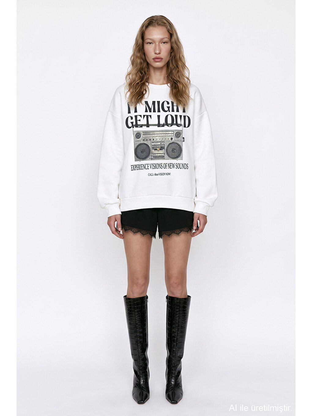 Radyo Baskılı Oversize Sweatshirt Ekru-2