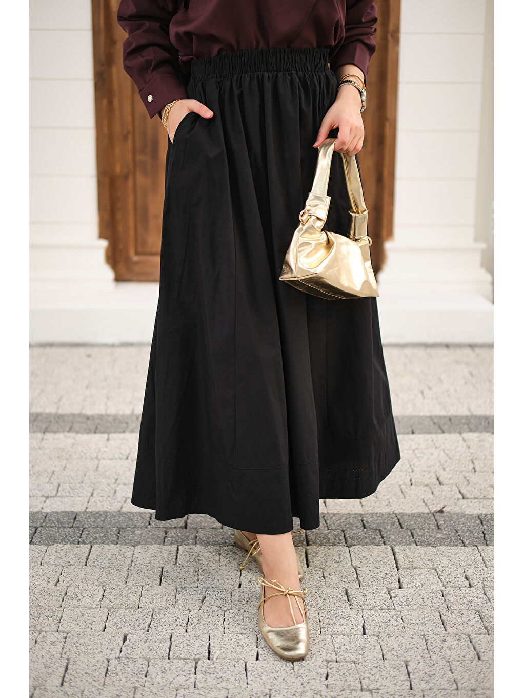 Kadın Beli Lastikli Kırışık Etek Siyah-3