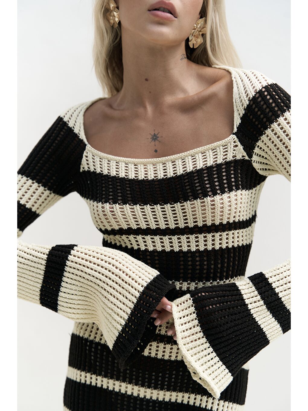 Wora Çizgili Triko Sarı Uzun Elbise-6