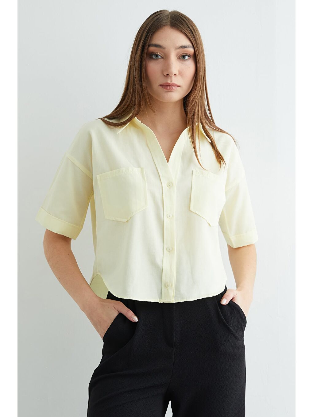Sarı Çift Cepli Oversize Crop Gömlek-1