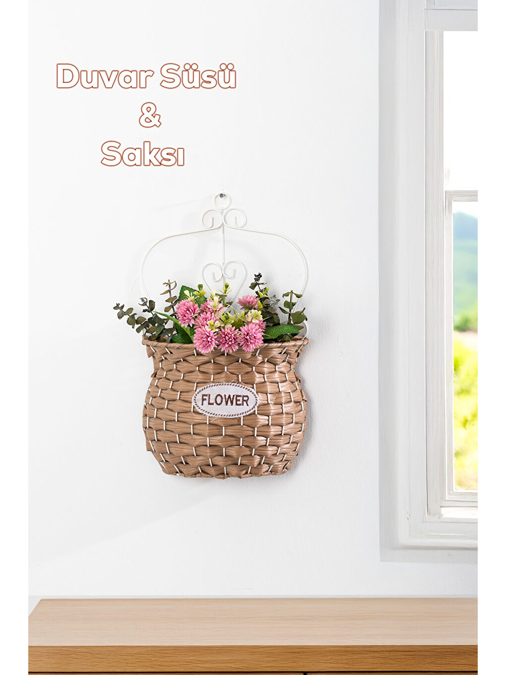 Kahverengi 2066-2 Taupe Dekoratif Çok Amaçlı Saksılık Hasır Modelli Saksı Çiçeklik 24x40cm