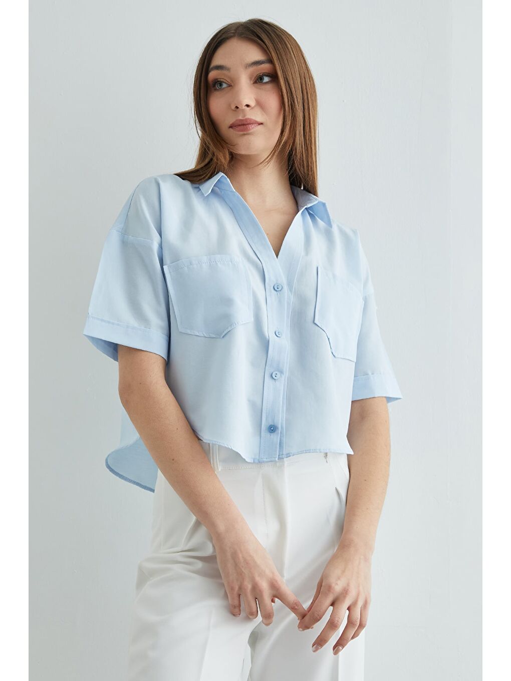 Mavi Çift Cepli Oversize Crop Gömlek-3