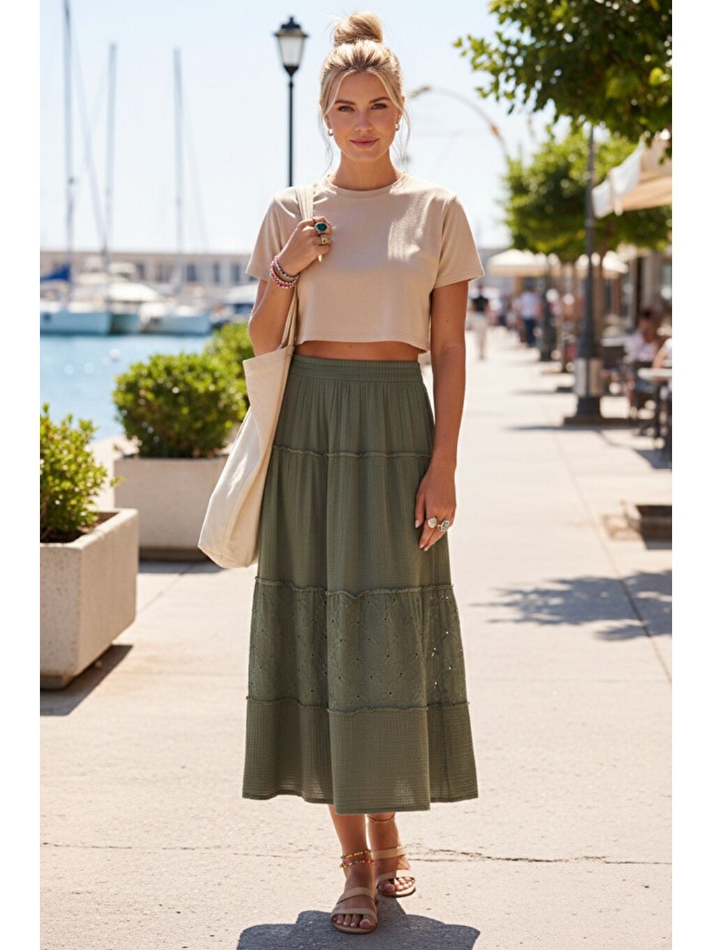 Haki Eteği Fırfırlı Brodeli Lastikli Bel Casual Müslin Uzun Dokuma Etek 92 65-1