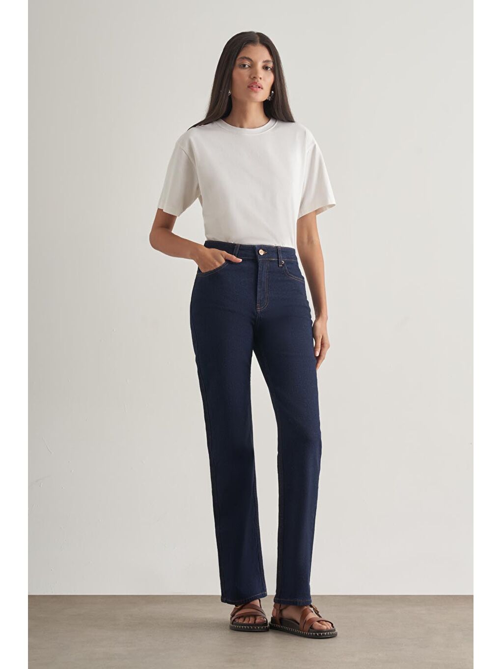 Straight Fit Yüksek Bel Lacivert Denim Pantolon