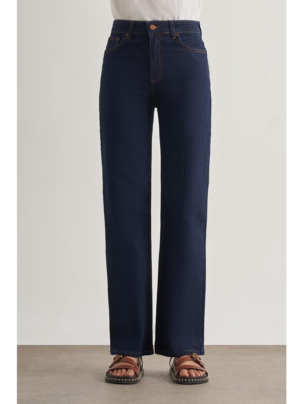 Straight Fit Yüksek Bel Lacivert Denim Pantolon-1