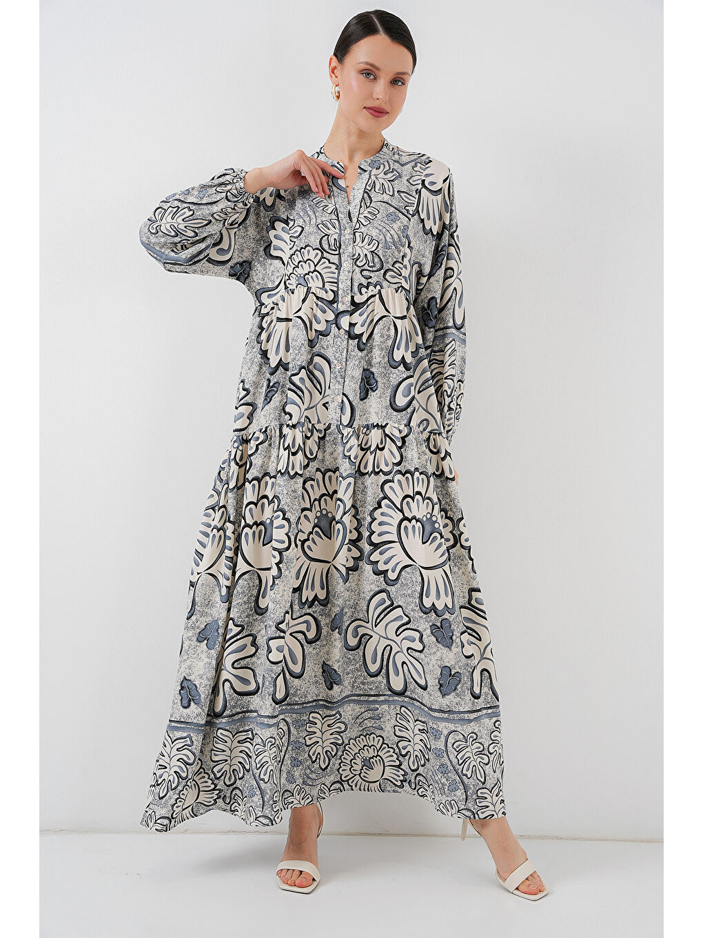 2423 Otantik Desenli Tesettür Elbise - K. Antrasit