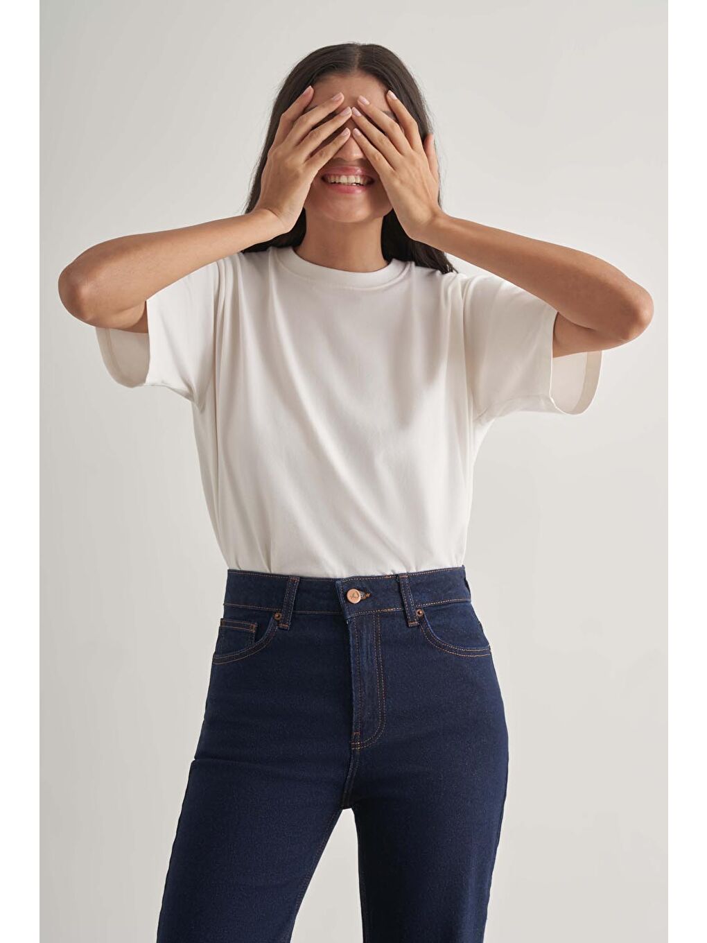 Straight Fit Yüksek Bel Lacivert Denim Pantolon-2