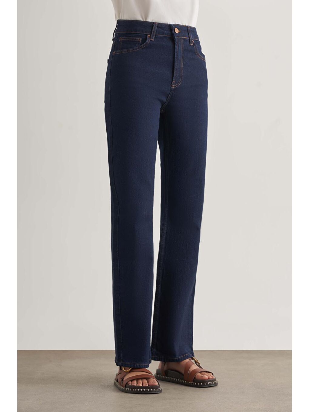 Straight Fit Yüksek Bel Lacivert Denim Pantolon-3