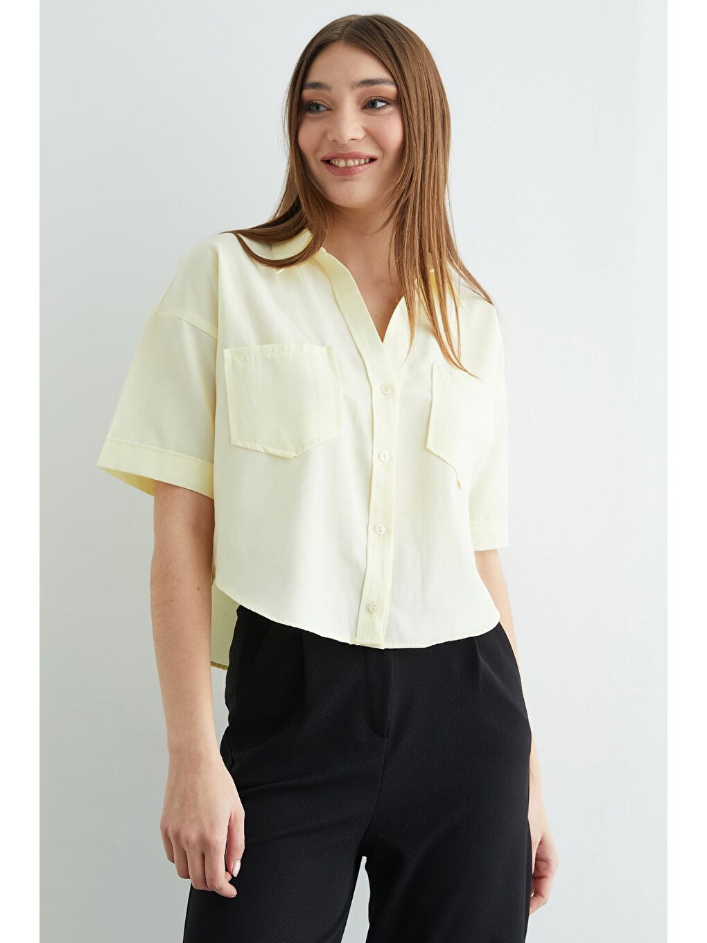 Sarı Çift Cepli Oversize Crop Gömlek-2