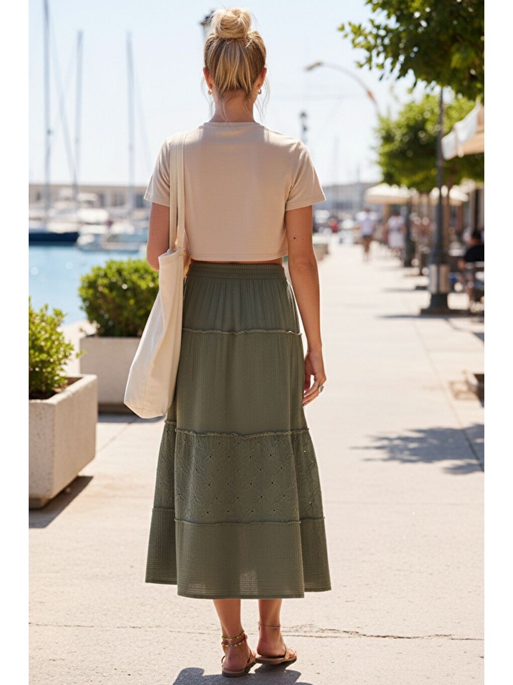 Haki Eteği Fırfırlı Brodeli Lastikli Bel Casual Müslin Uzun Dokuma Etek 92 65-2