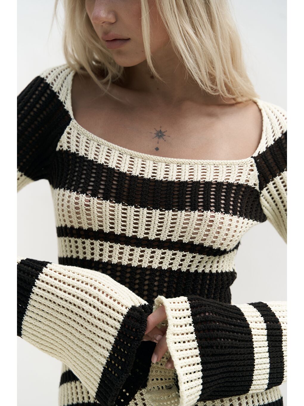 Wora Çizgili Triko Sarı Uzun Elbise-7