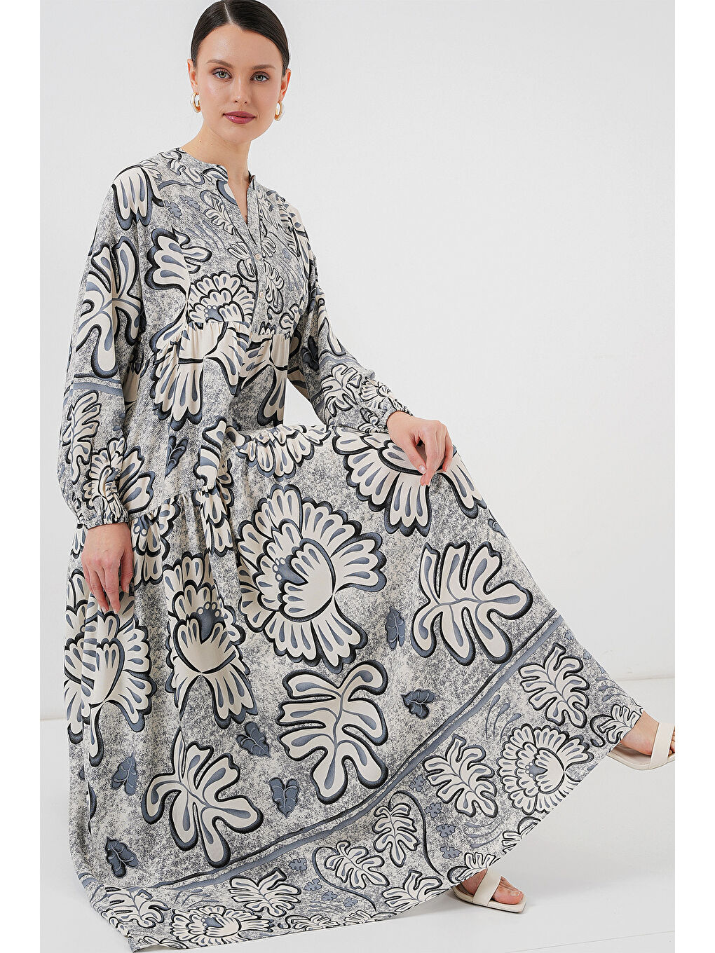 2423 Otantik Desenli Tesettür Elbise - K. Antrasit-1