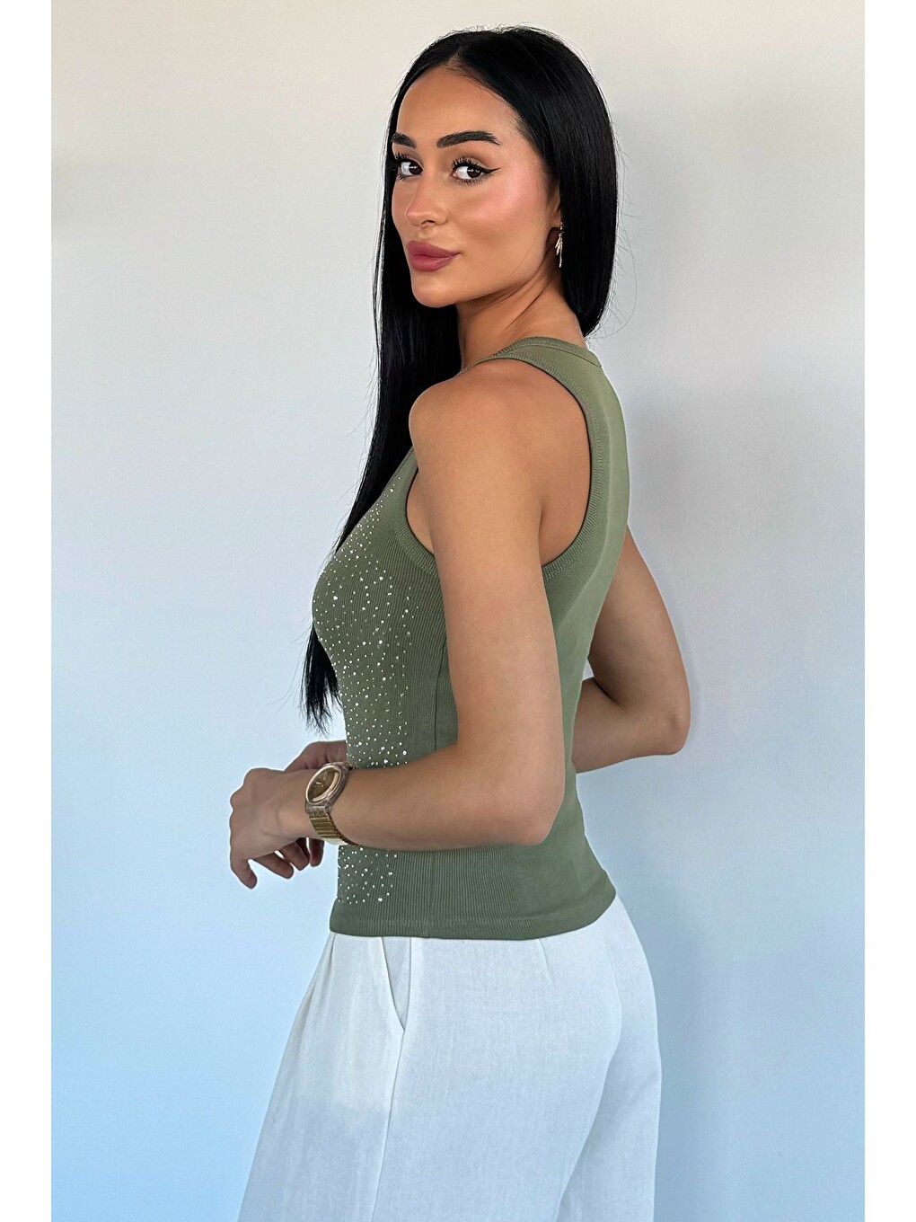 Haki Ön Taşlı Kaşkorse Bluz-3