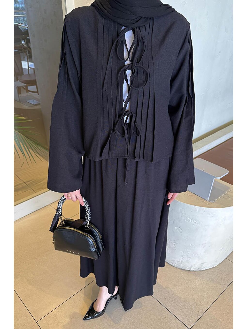 Pileli Bağlama Detaylı Takım Siyah-2