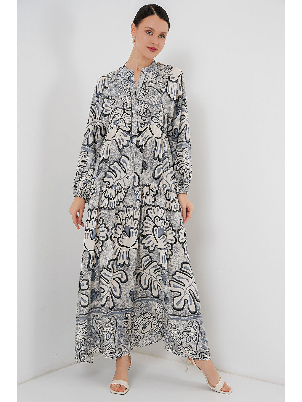 2423 Otantik Desenli Tesettür Elbise - K. Antrasit-2