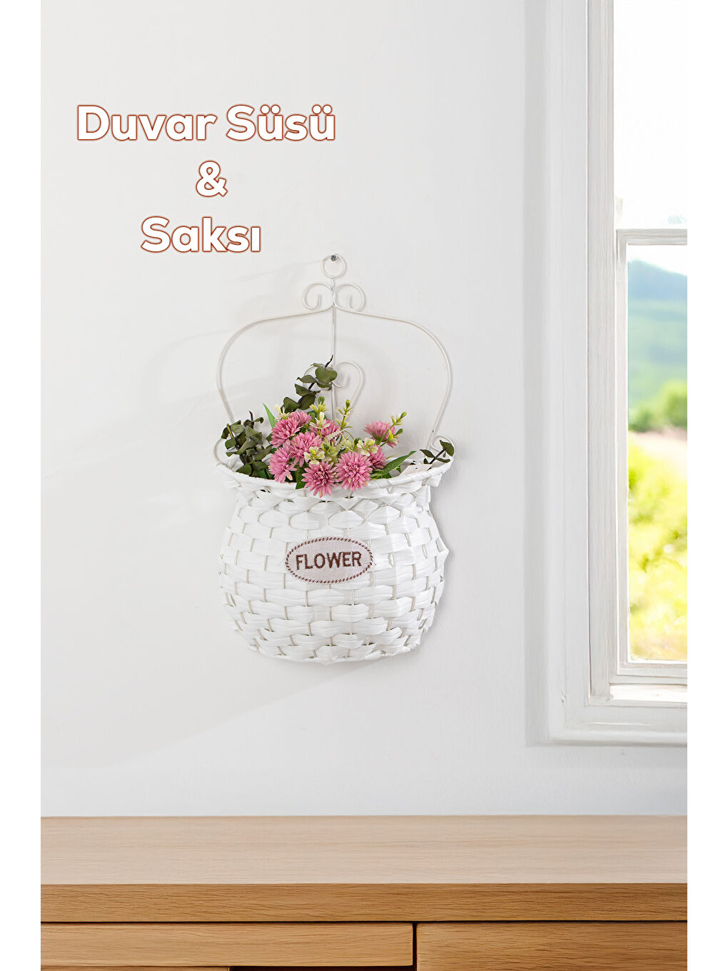 2066 Beyaz Dekoratif Çok Amaçlı Saksılık Hasır Modelli Saksı Çiçeklik 24x40cm