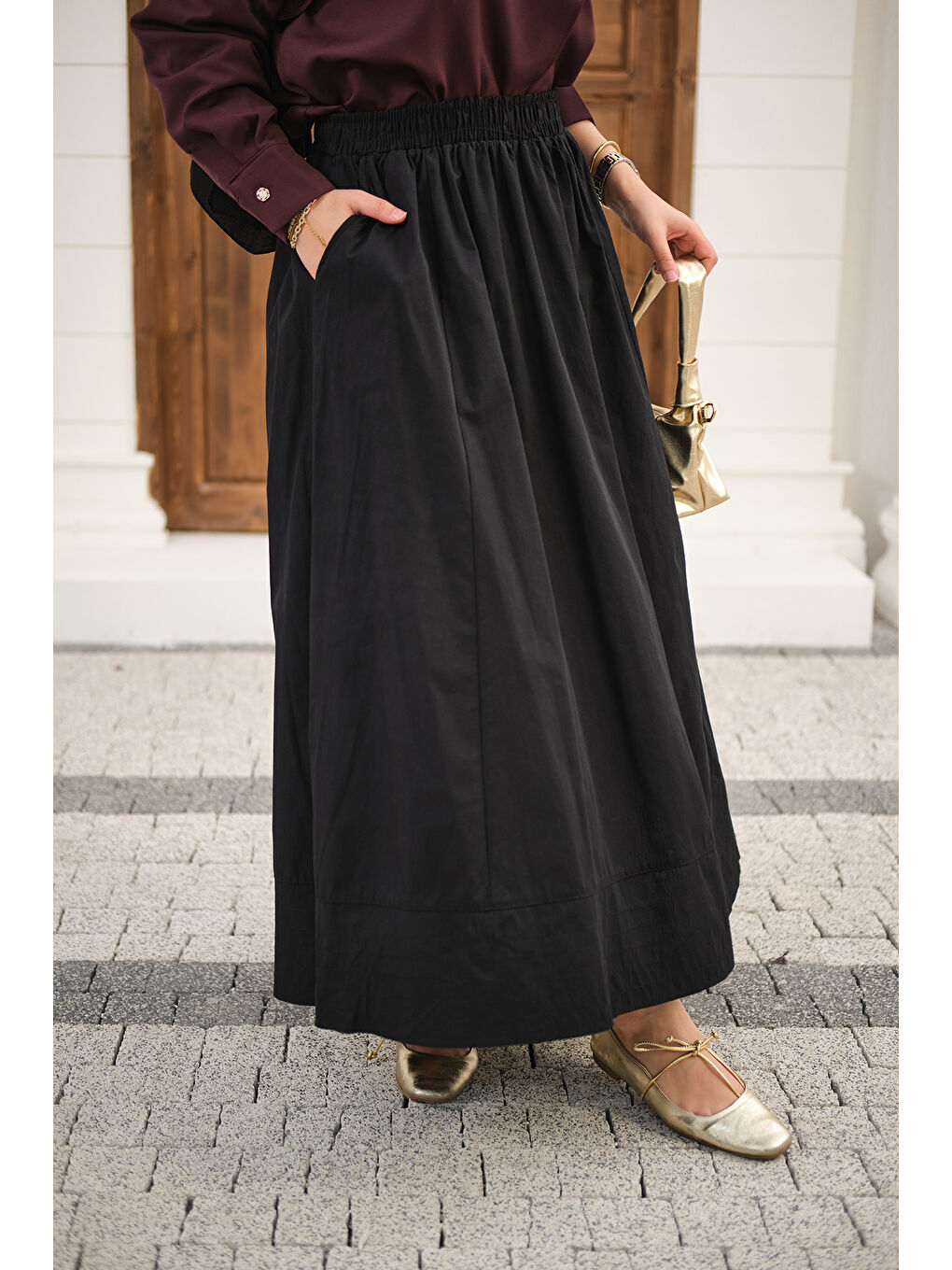 Kadın Beli Lastikli Kırışık Etek Siyah-4