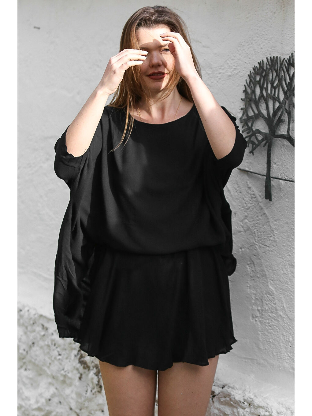 Siyah Havuz Yaka Yarasa Kol İnce Astarlı Çift Katlı Casual Oversize Dokuma Bluz 75 85-1