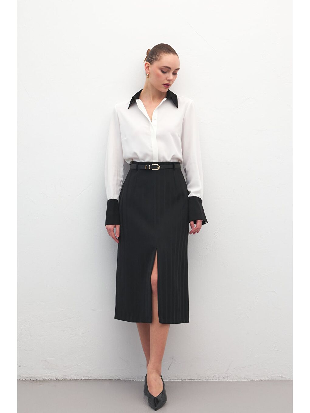 Anna Yırtmaçlı Etek - Siyah-1