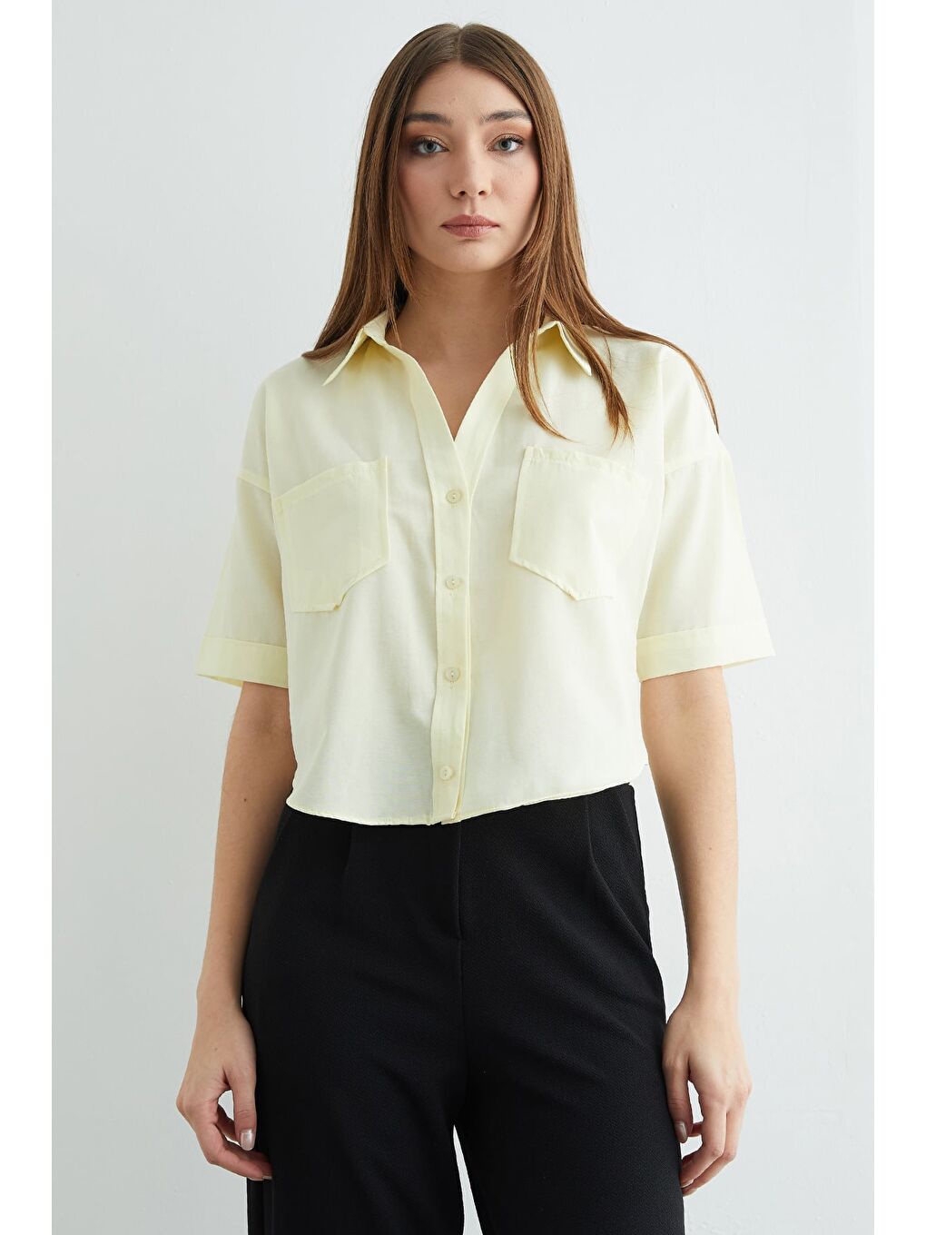 Sarı Çift Cepli Oversize Crop Gömlek-3