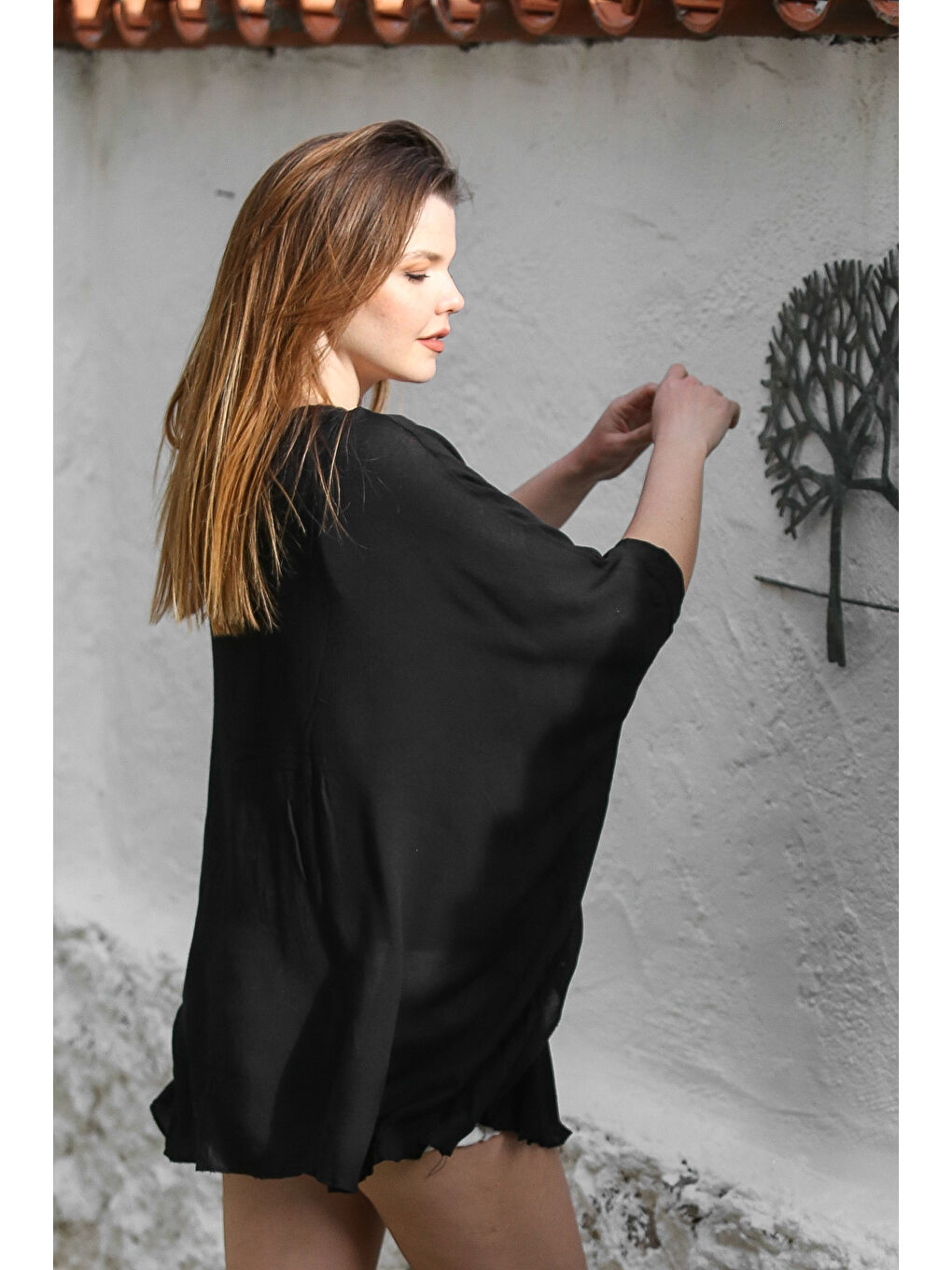 Siyah Havuz Yaka Yarasa Kol İnce Astarlı Çift Katlı Casual Oversize Dokuma Bluz 75 85-2