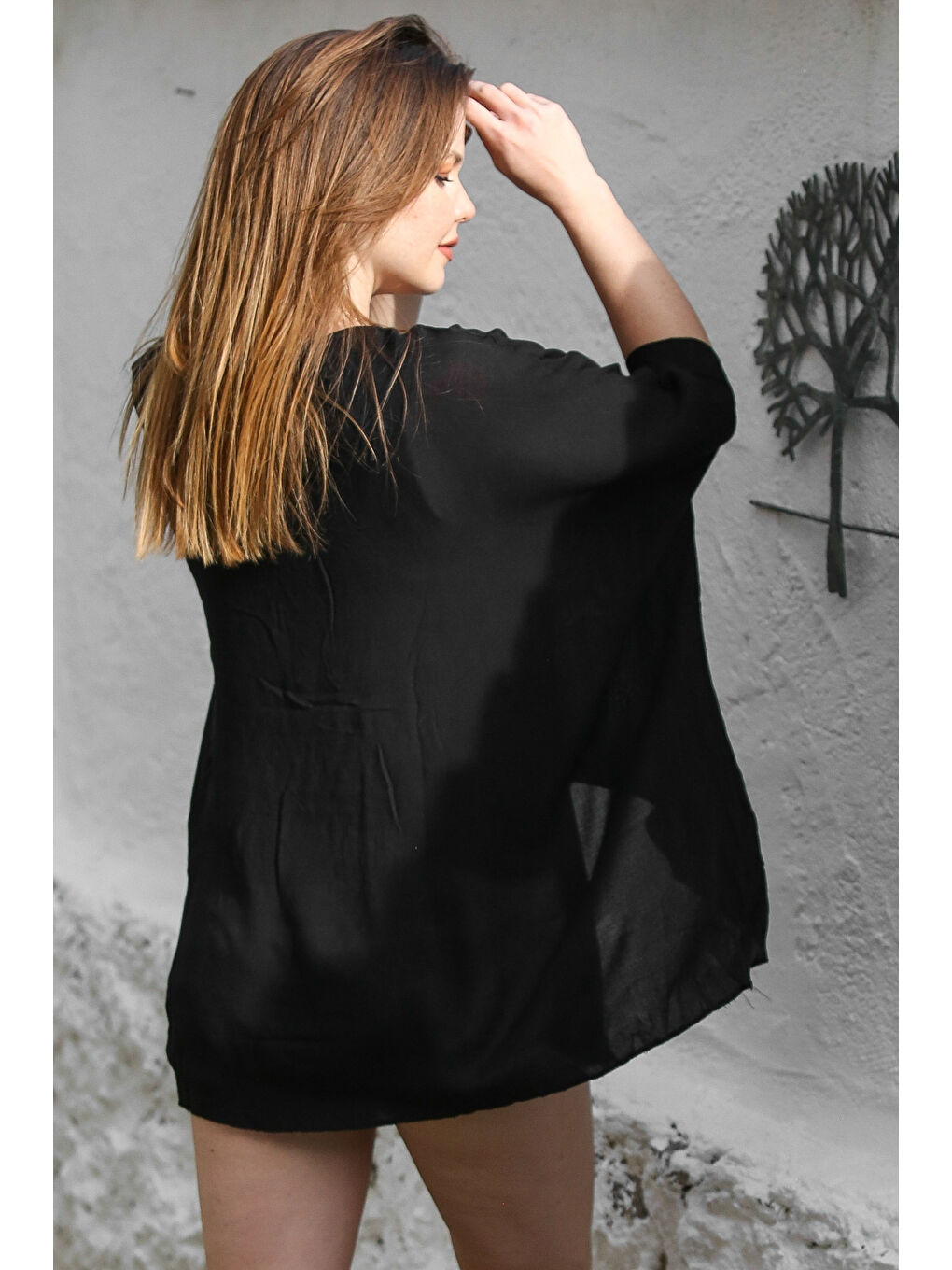 Siyah Havuz Yaka Yarasa Kol İnce Astarlı Çift Katlı Casual Oversize Dokuma Bluz 75 85-3