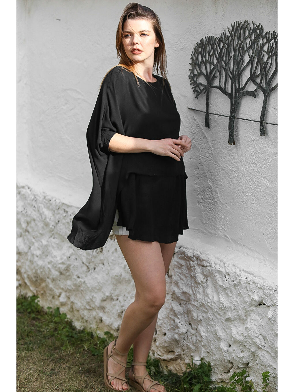 Siyah Havuz Yaka Yarasa Kol İnce Astarlı Çift Katlı Casual Oversize Dokuma Bluz 75 85-4