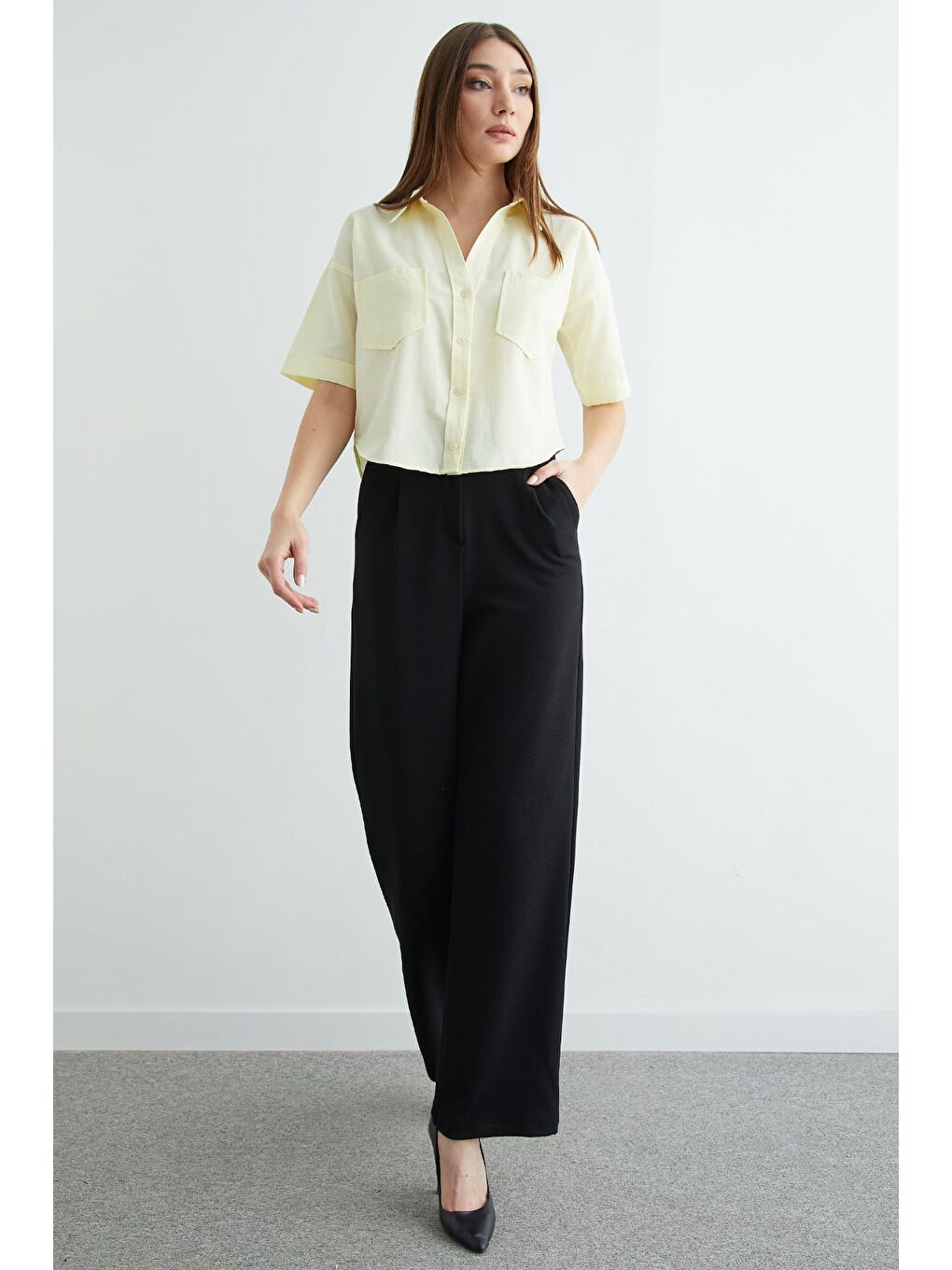 Sarı Çift Cepli Oversize Crop Gömlek-4