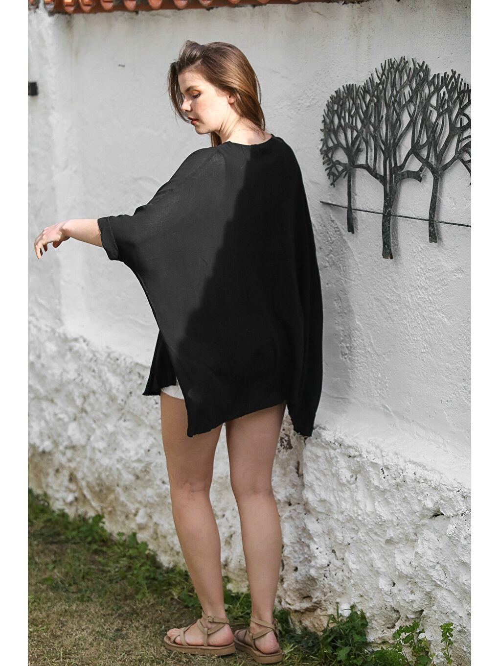 Siyah Havuz Yaka Yarasa Kol İnce Astarlı Çift Katlı Casual Oversize Dokuma Bluz 75 85-5