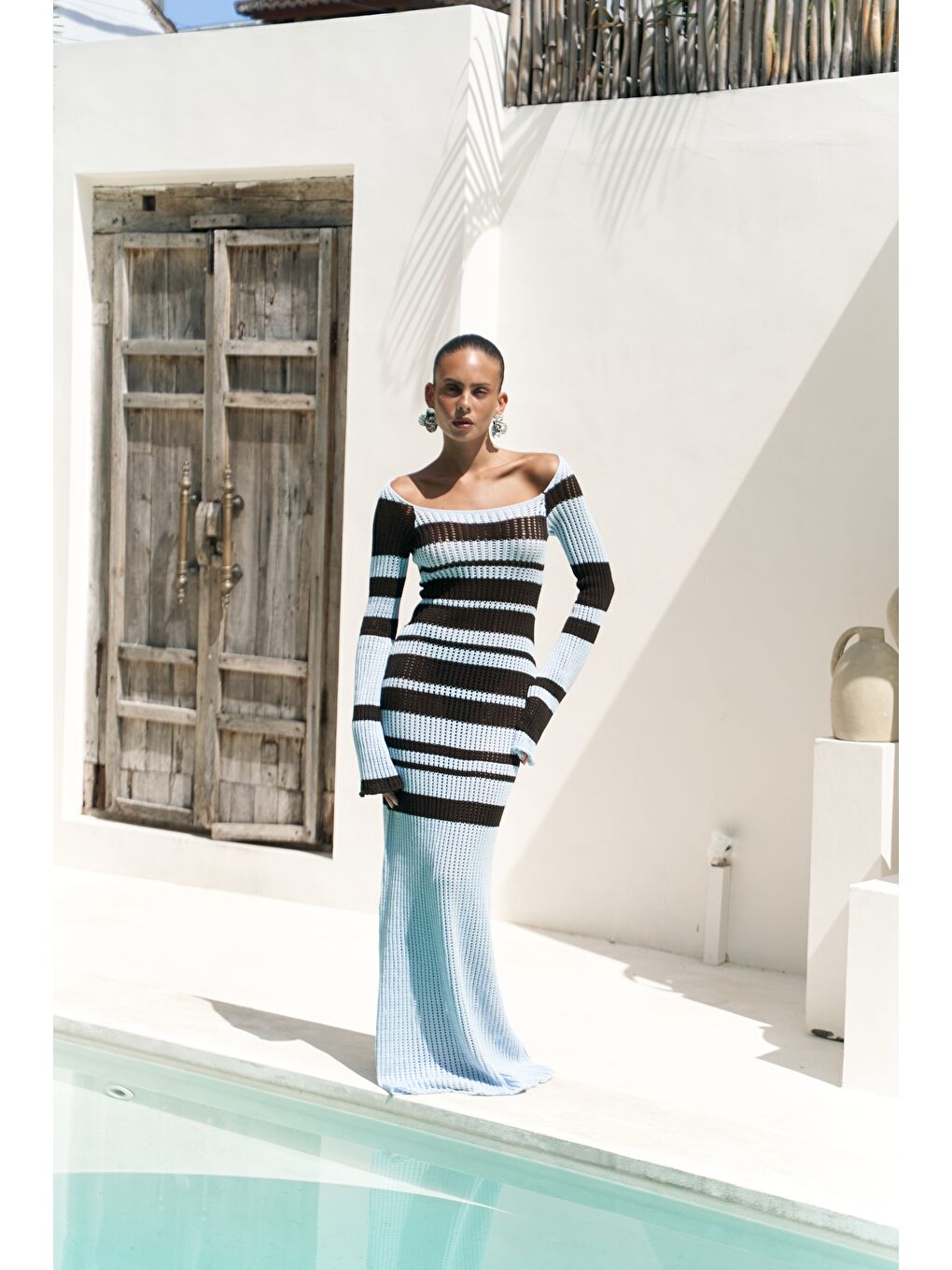 Wora Çizgili Triko Mavi Uzun Elbise