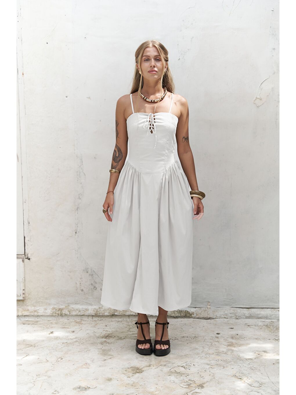 Narissa Askılı Midi Ekru Elbise-4