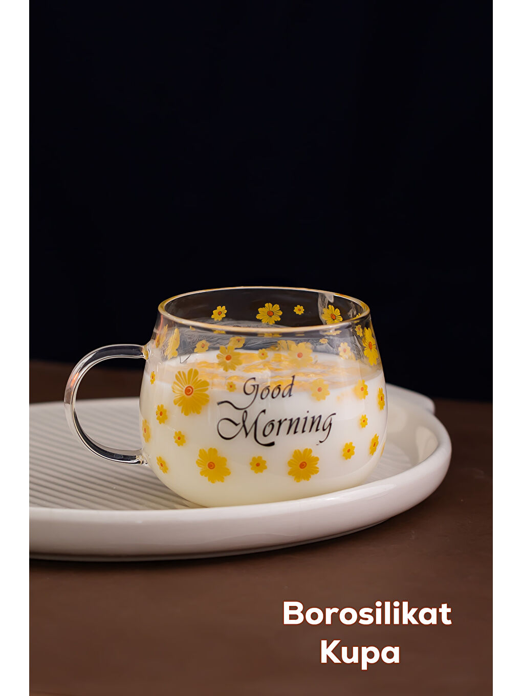 2089 Borosilikat Isıya Ateşe Dayanıklı Cam Kulplu Çay Bardağı Kahve Bardak Kupa Sarı 400 ml