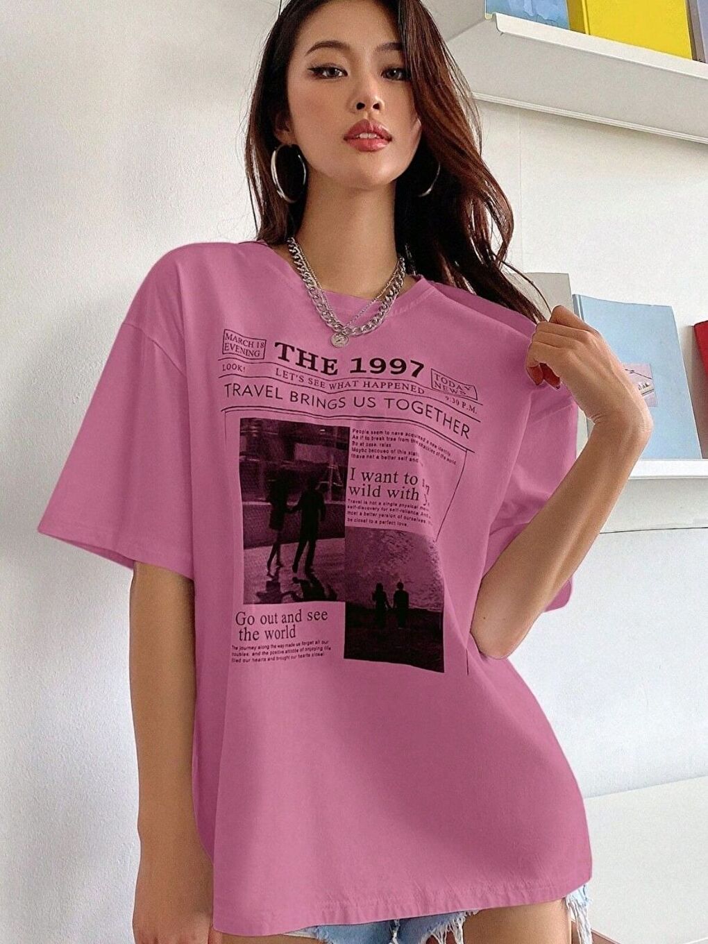 Pembe Bisiklet Yaka 1997 Baskılı Oversize Tişört