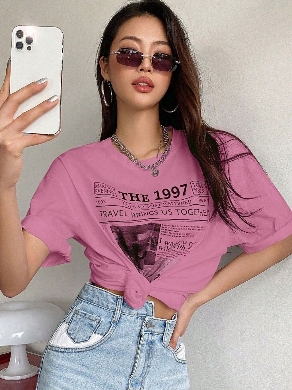 Pembe Bisiklet Yaka 1997 Baskılı Oversize Tişört-1